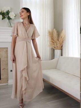 Ever Pretty Blush Beige Wrap Maxi Dress with Ruffle Trim